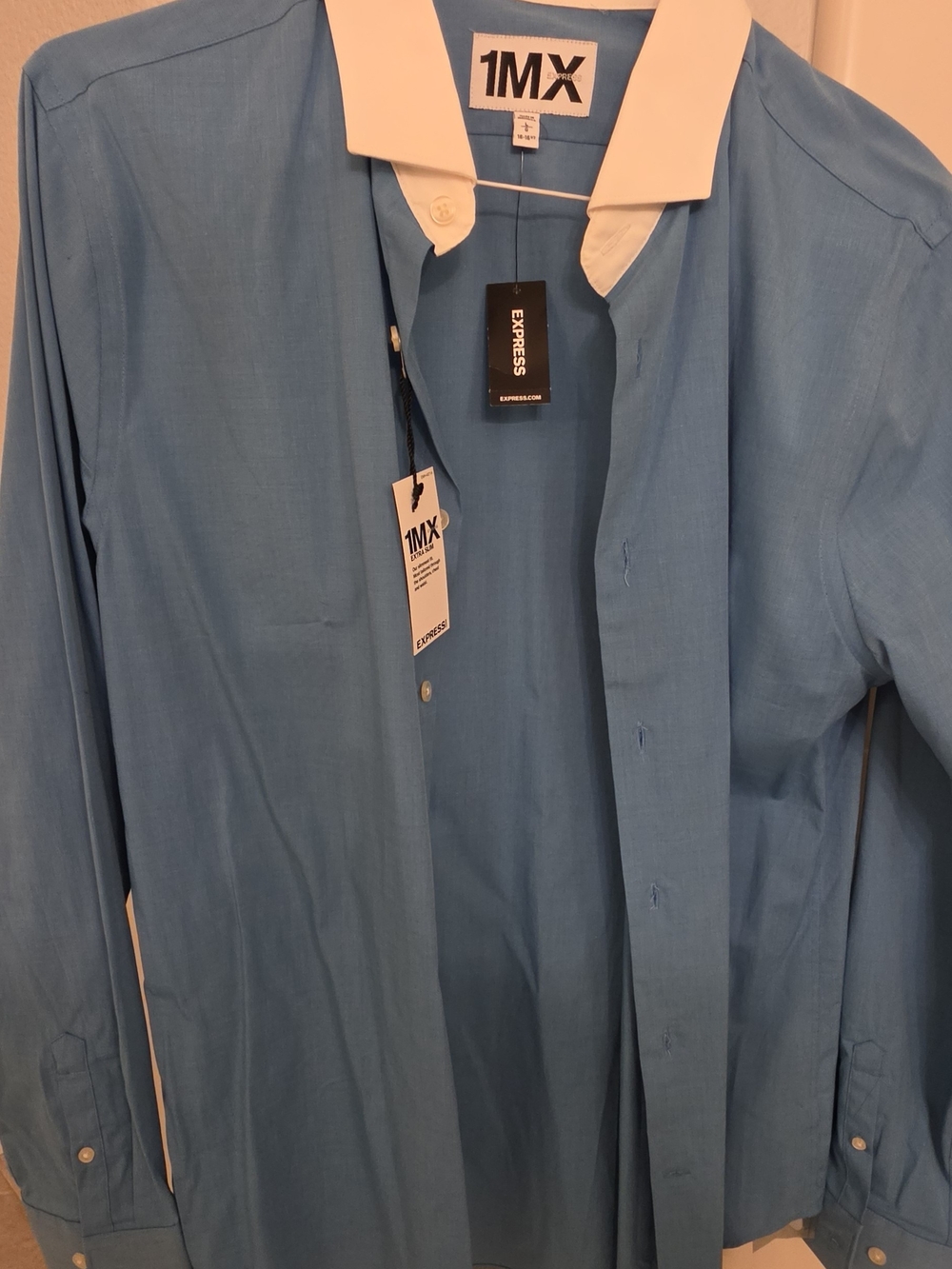 Express Men’s Light Blue Dress Shirt with White Contrast Collar